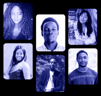 Collage of six portrait photos in blue tones