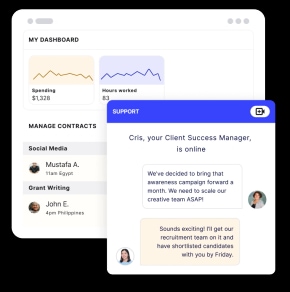 Global talent platform with financial graphs, a list of active contracts, and a message to Work for Impact to ask for recruitment support